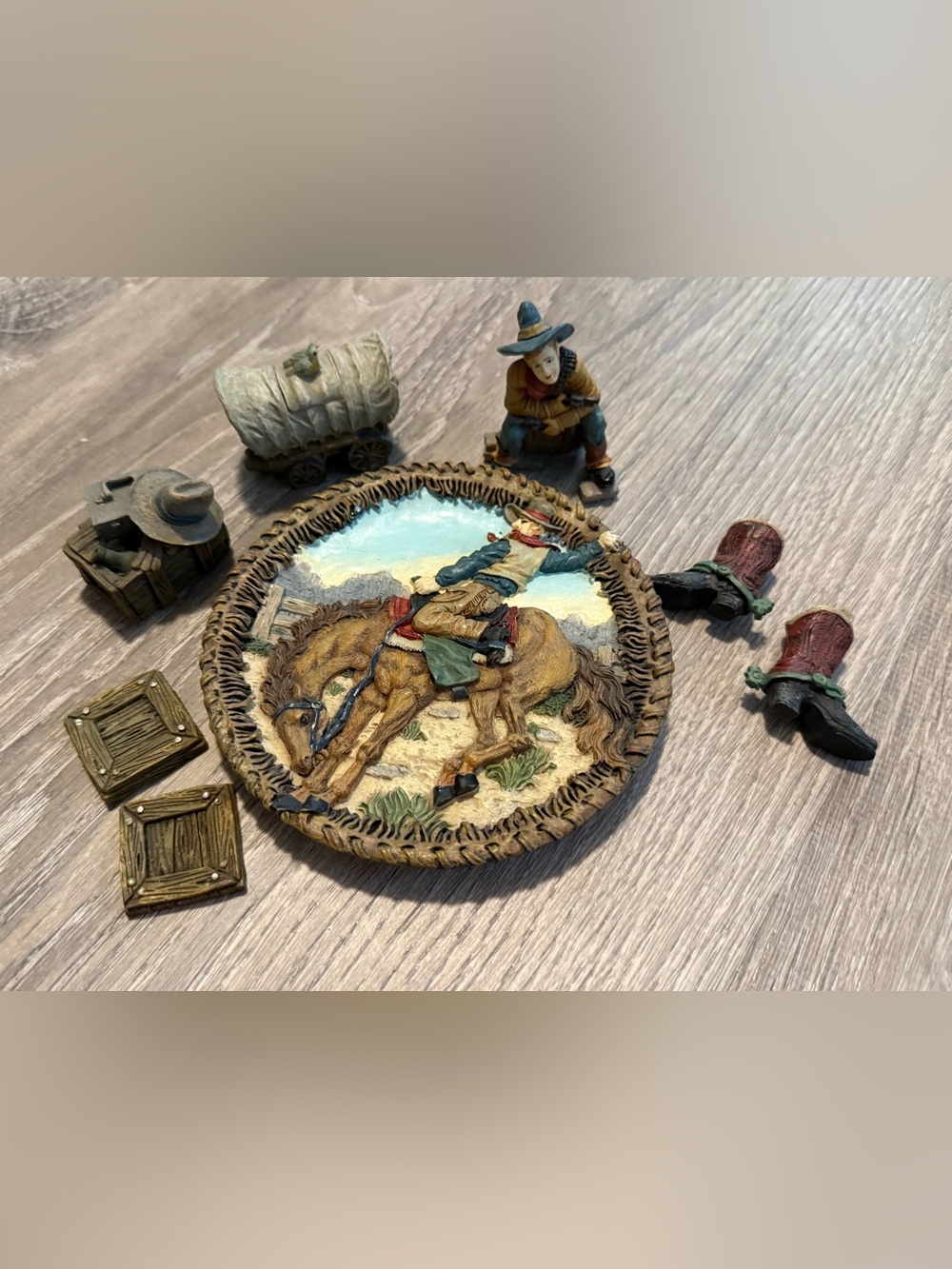 Popular Imports Western Cowboy Horse Figurine Plate Set Collectible Antique